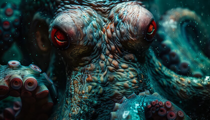 A close up of an octopus with red eyes and a red mouth - obrazy, fototapety, plakaty