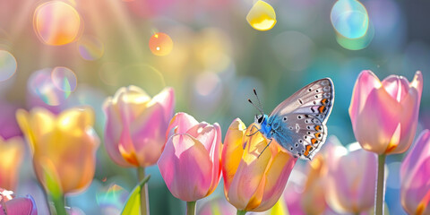 Enchanting Butterfly on Vibrant Tulips in Sunlit Garden