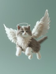 Plush greywhite cat with fluffy white wings and a halo, floating gently, its innocence akin to an angels charm