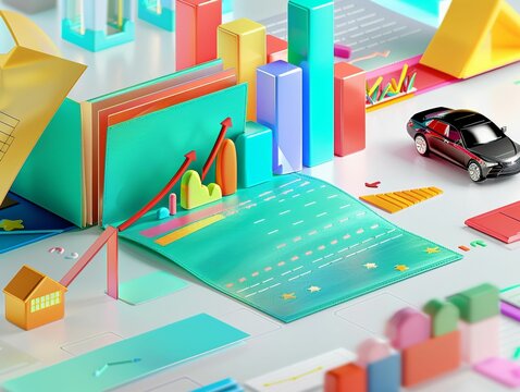 A vector wallet unfolding into a road, leading through icons of homes, cars, and education, personal finance journey, white background