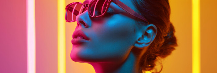 Neon Glamour: Stylish Woman Sporting Trendy Sunglasses in Vivid Lights