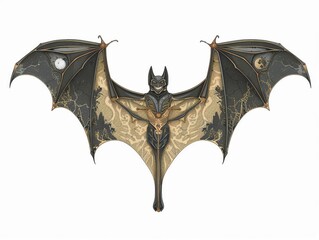 Bat flight anatomy, detailed wings in digital vector, moonlit night anatomy, white background