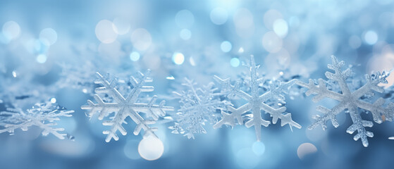 Sparkling Snowflakes on Blue Bokeh Background for Winter Season