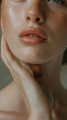 Fototapeta premium Close-up of woman's face, chin, beautiful lips and neck with touch on cheek face with one hand and natural make-up advertising with soft light and shadow
