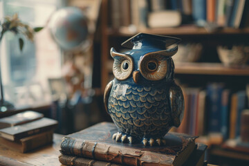 Vintage Owl Figurine on Books with Graduation Cap in Antique Study - obrazy, fototapety, plakaty