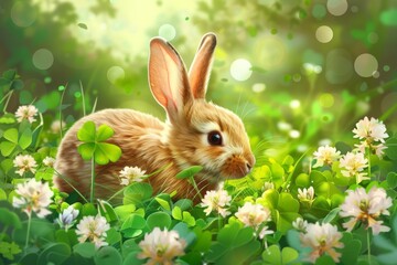 A rabbit is sitting in a field filled with clover leaves, appearing curious and engaged as it investigates its surroundings. The lush green clover leaves provide a backdrop to the scene - obrazy, fototapety, plakaty