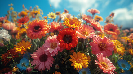 A colorful bouquet of daisies and gerberas, showcasing the beauty of nature in full bloom during...