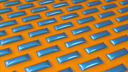 Realistic mockups of blue flow packs on orange background. 3d illustration