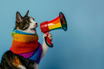 Fashionable cat announcing using megaphone. Notifying, warning, announcement. - obrazy, fototapety, plakaty