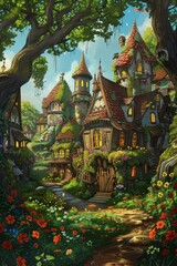 The painting depicts a charming village filled with vibrant trees and colorful flowers. The scene is alive with friendly gnomes going about their daily activities amidst the lush vegetation