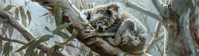 Koala in eucalyptus tree, soft texture anatomy digital art, tranquil day anatomy, white background