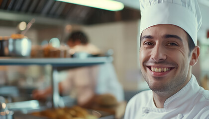Fototapeta na wymiar A smiling chef in a white hat stands in front of a kitchen counter with various