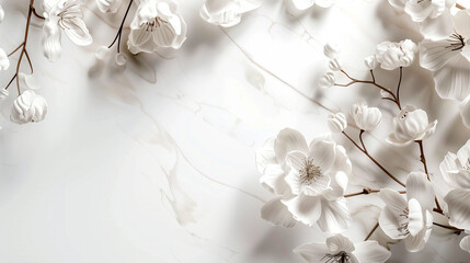 A branch of blooming white flowers against a white background.
