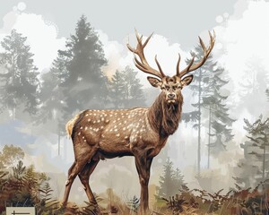 Stag in forest glade, antler anatomy detailed in vector art, misty morning anatomy, white background