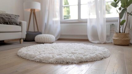 A white shaggy carpet adorns a brown wooden floor, creating a cozy and inviting atmosphere.