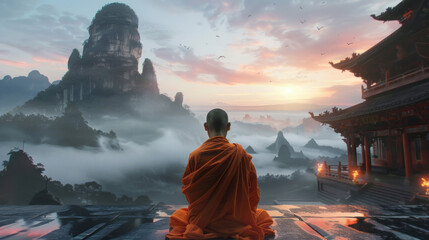 At sunrise, monk clad in orange robes peacefully meditate against the backdrop of a traditional mountain temple and misty, rolling hills. Resplendent.