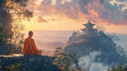 At sunrise, monk clad in orange robes peacefully meditate against the backdrop of a traditional mountain temple and misty, rolling hills. Resplendent.