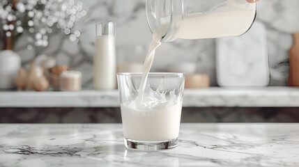 The fresh milk contained in a carafe is poured into a glass ,Pouring a healthy glass of fresh milk against a white background ,Glass of Milk lover ,Milk is poured make wave - obrazy, fototapety, plakaty
