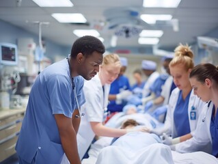 A group of doctors and nurses are working together in a hospital room. The atmosphere is tense and serious as they attend to a patient