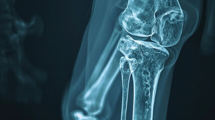 A fractured tibia is evident on the X-ray, displaying a clear disruption in the bone structure. - obrazy, fototapety, plakaty