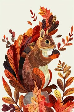 Squirrel with acorn, autumn leaf anatomy in vector, sunset colors, playful anatomy, white background