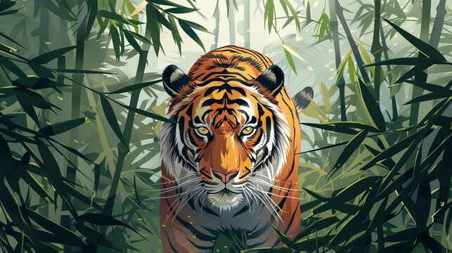 Tiger in bamboo forest, intense gaze anatomy in vector, dawn light anatomy scene, white background