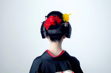 A Japanese woman is having her hair styled into a traditional bun, with flowers and other decorative elements on top. For special occasions, she wears an elegant kimono.