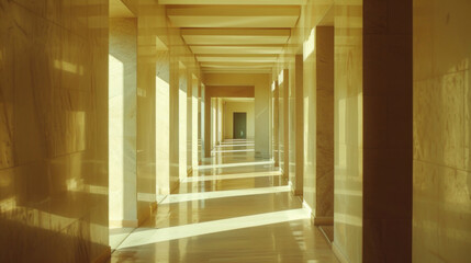 Soft lighting highlights the geometric patterns in a serene corridor, fostering a sense of calmness and self-reflection.