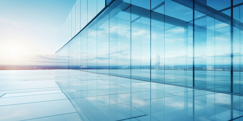 Expansive and Bright Modern Office Space with Reflective Glass Walls and City View