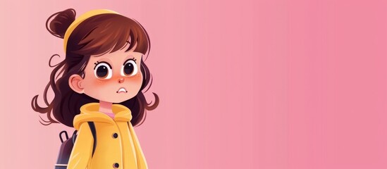 Adorable little girl wearing yellow clothes is gazing at the camera against a pink background