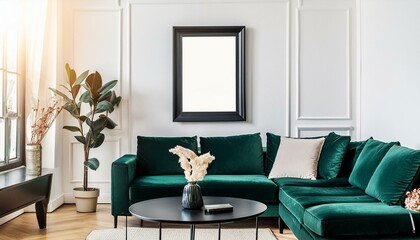modern living room light wall and green sofa with frame for photo or poster. mockup for painting 
