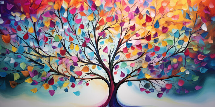 Whimsical Artistic Rendering of a Colorful Tree with Vibrant Leaves