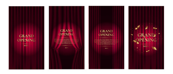 Grand Opening. Premium vertical banner set with red curtain and golden text. Vector illustration