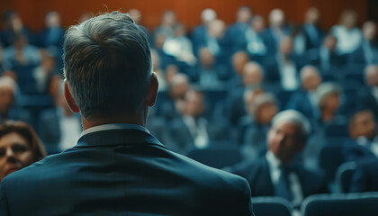 A man in a suit is sitting in a crowded room