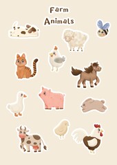 Printed stickers for children with animals who living on the farm. Cut-out animal stickers. Cute farm animals beige background. 