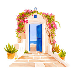 Fototapeta premium Watercolor wooden summer door entwined with flowers. Cute image suitable for cards, invitations, weddings, transparent png.
