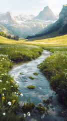a stream crossing through meadow with wild flowers in a valley among the mountains