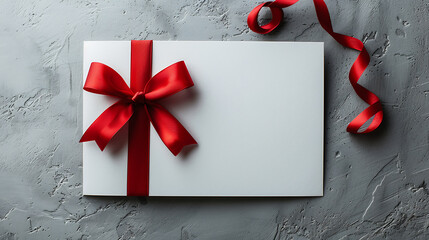 Gift box with red ribbon on grey textured background, top view