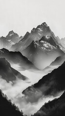 black and white image of mountain range with white fog - 783700920