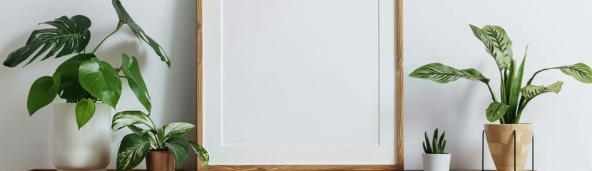 blank white wooden frame on wooden table with plants against white wall