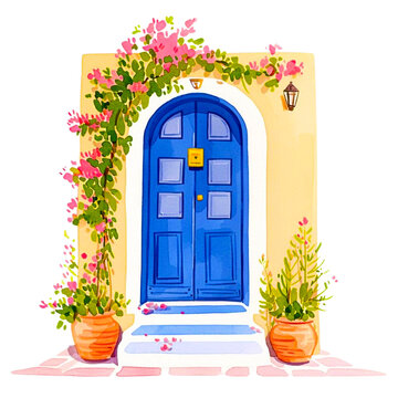 Watercolor wooden summer door entwined with flowers. Cute image suitable for cards, invitations, weddings, transparent png.