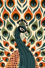 Fototapeta premium A regal peacock is depicted in vibrant hues with its striking feathers fanned out in a captivating display on a clean white canvas
