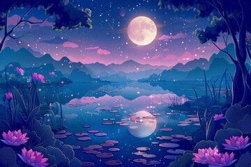 Obraz na płótnie Canvas A painting depicting a lake under the glow of a full moon, surrounded by lily pads floating on the waters surface. The scene exudes a sense of tranquility and natural beauty