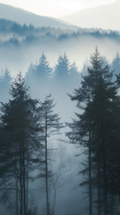 fog covered fir tree canopy, foggy trees forest
