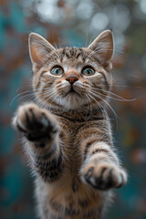 Tabby Kitten Mid-Jump with Autumn Leaves Background, Generative AI