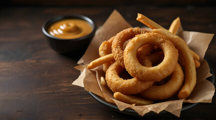 Onion rings in batter with sauce and cheese sticks. Beer snacks.generative.ai 