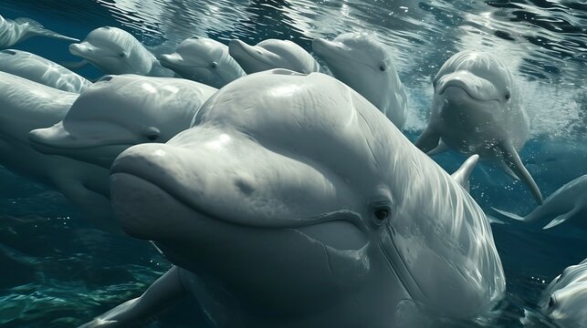 A Pod of Beluga Whales Swimming Gracefully