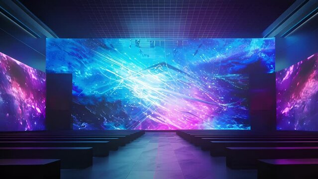A hightech convention hall is brought to life with a massive holographic display that spans the entire length of the stage. As speakers . AI generation.