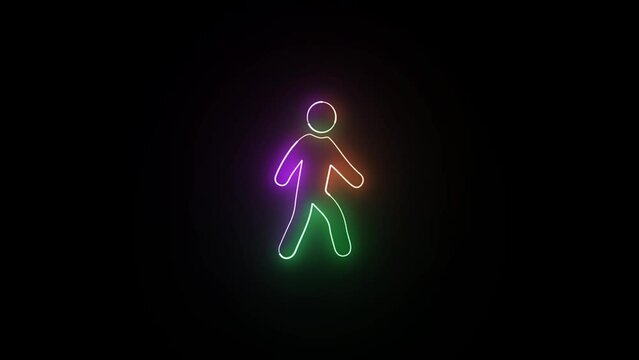 Neon line people walk icon multicolor glowing animation on the black background. neon walking icon.