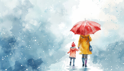 A woman and a child are walking under an umbrella in the rain